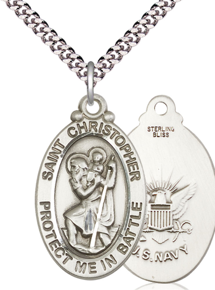 Sterling Silver Saint Christopher Navy Pendant on a 24 inch Light Rhodium Heavy Curb chain