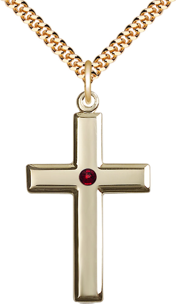 14kt Gold Filled Cross Pendant with a 3mm Garnet Swarovski stone on a 24 inch Gold Plate Heavy Curb chain