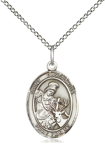 Sterling Silver Saint Eustachius Pendant on a 18 inch Sterling Silver Light Curb chain