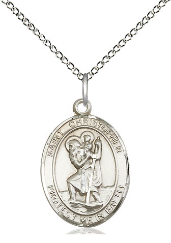 Sterling Silver Saint Christopher Pendant on a 18 inch Sterling Silver Light Curb chain