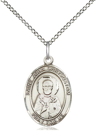 Sterling Silver Saint John Chrysostom Pendant on a 18 inch Sterling Silver Light Curb chain