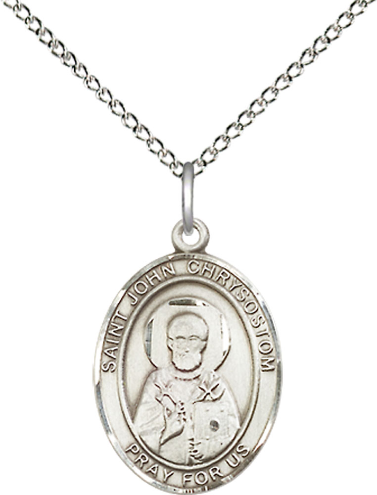Sterling Silver Saint John Chrysostom Pendant on a 18 inch Sterling Silver Light Curb chain