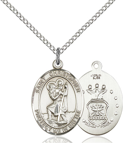 Sterling Silver Saint Christopher Air Force Pendant on a 18 inch Sterling Silver Light Curb chain