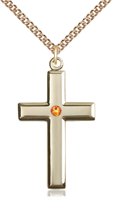 14kt Gold Filled Cross Pendant with a 3mm Topaz Swarovski stone on a 24 inch Gold Filled Heavy Curb chain