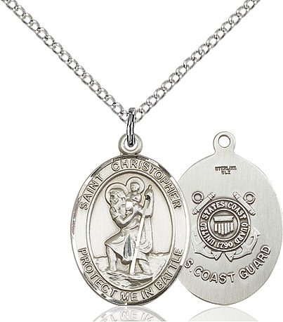 Sterling Silver Saint Christopher Coast Guard Pendant on a 18 inch Sterling Silver Light Curb chain