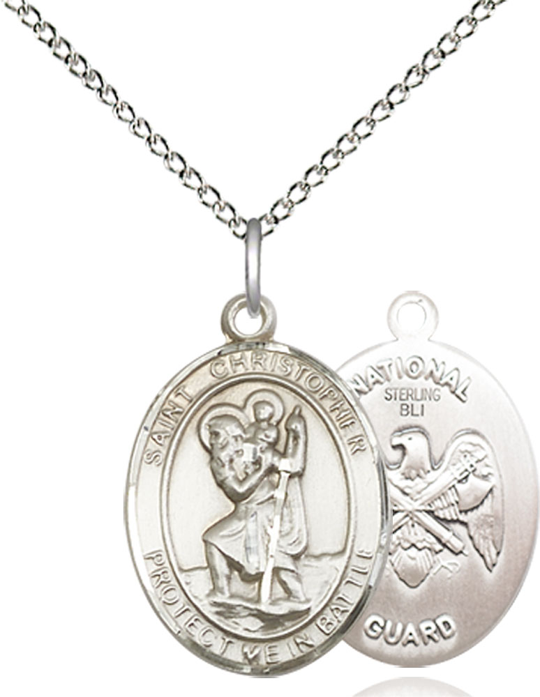 Sterling Silver Saint Christopher National Guard Pendant on a 18 inch Sterling Silver Light Curb chain