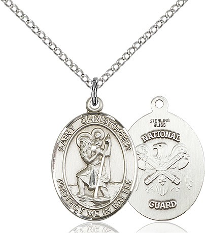 Sterling Silver Saint Christopher National Guard Pendant on a 18 inch Sterling Silver Light Curb chain