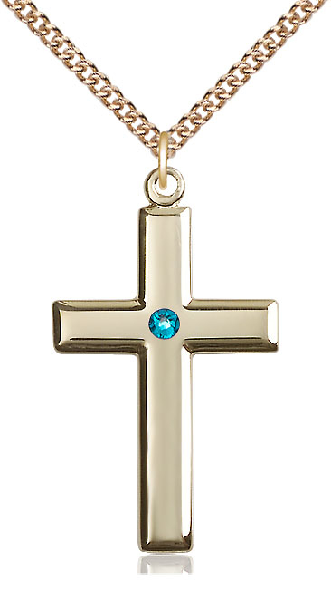 14kt Gold Filled Cross Pendant with a 3mm Zircon Swarovski stone on a 24 inch Gold Filled Heavy Curb chain