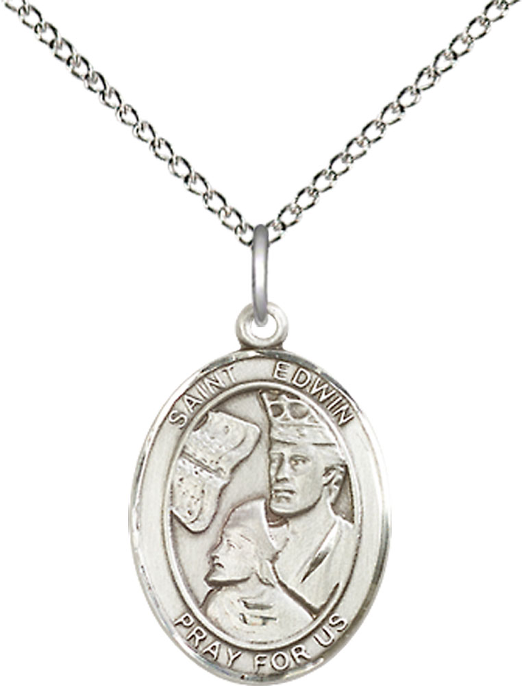 Sterling Silver Saint Edwin Pendant on a 18 inch Sterling Silver Light Curb chain