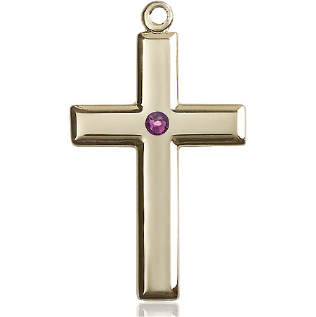 14kt Gold Filled Cross Medal with a 3mm Amethyst Swarovski stone