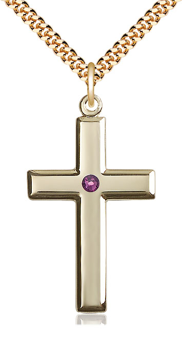 14kt Gold Filled Cross Pendant with a 3mm Amethyst Swarovski stone on a 24 inch Gold Plate Heavy Curb chain