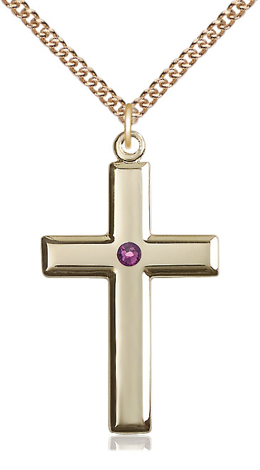 14kt Gold Filled Cross Pendant with a 3mm Amethyst Swarovski stone on a 24 inch Gold Filled Heavy Curb chain