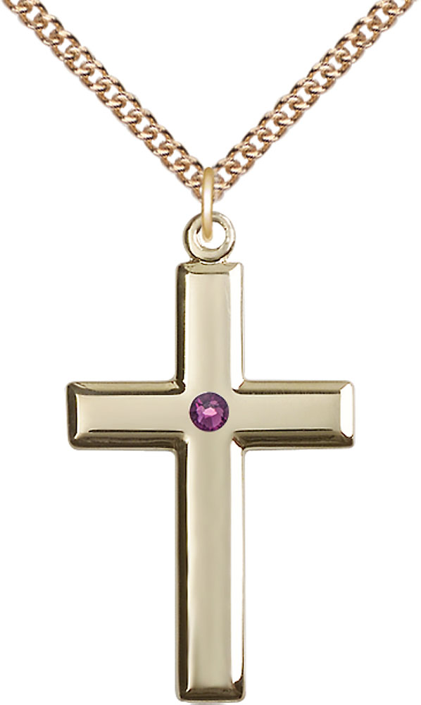 14kt Gold Filled Cross Pendant with a 3mm Amethyst Swarovski stone on a 24 inch Gold Filled Heavy Curb chain