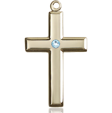 14kt Gold Filled Cross Medal with a 3mm Aqua Swarovski stone