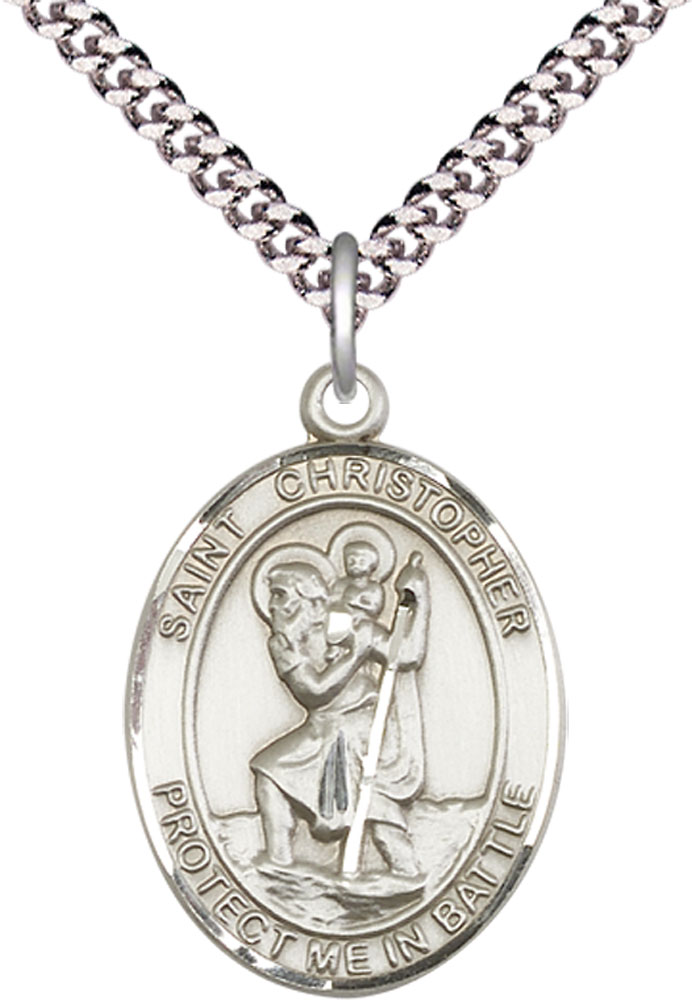 Sterling Silver Saint Christopher Pendant on a 24 inch Light Rhodium Heavy Curb chain
