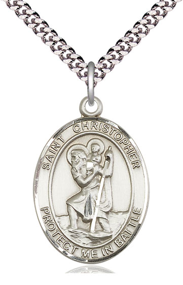 Sterling Silver Saint Christopher Pendant on a 24 inch Light Rhodium Heavy Curb chain