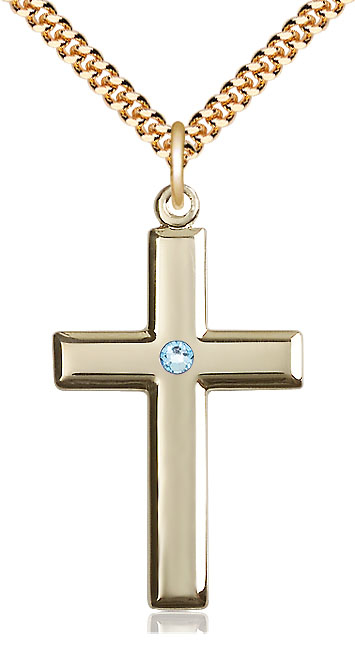 14kt Gold Filled Cross Pendant with a 3mm Aqua Swarovski stone on a 24 inch Gold Plate Heavy Curb chain