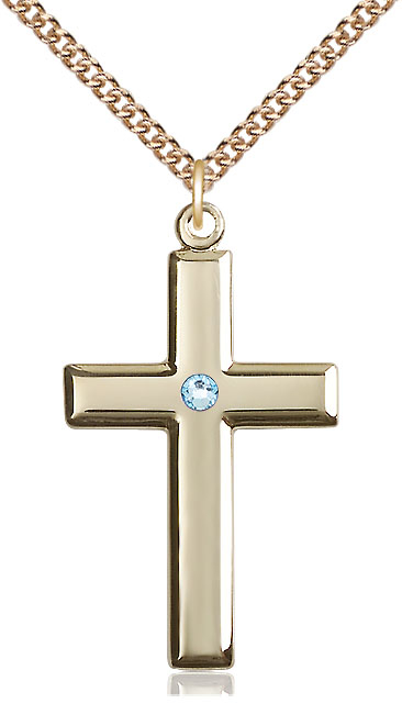 14kt Gold Filled Cross Pendant with a 3mm Aqua Swarovski stone on a 24 inch Gold Filled Heavy Curb chain