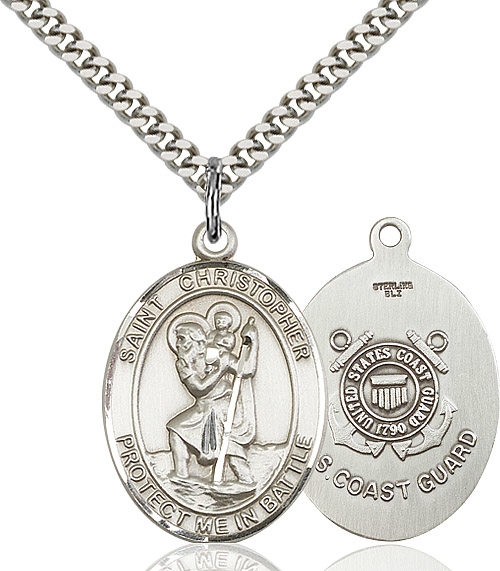 Sterling Silver Saint Christopher Coast Guard Pendant on a 24 inch Light Rhodium Heavy Curb chain