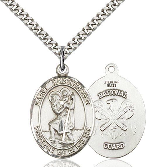 Sterling Silver Saint Christopher National Guard Pendant on a 24 inch Light Rhodium Heavy Curb chain