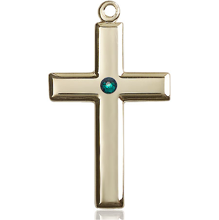 14kt Gold Filled Cross Medal with a 3mm Emerald Swarovski stone