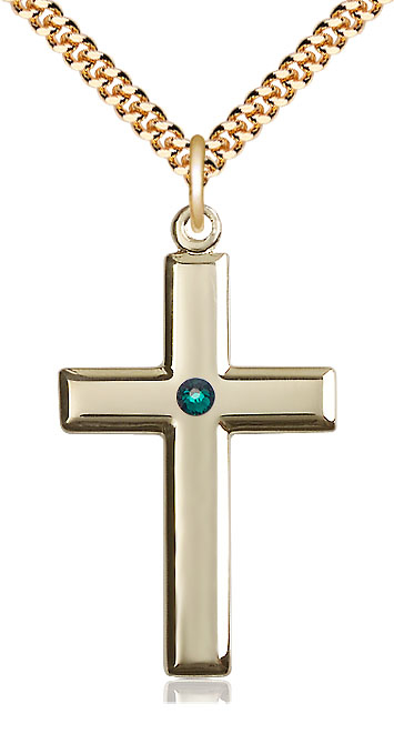 14kt Gold Filled Cross Pendant with a 3mm Emerald Swarovski stone on a 24 inch Gold Plate Heavy Curb chain
