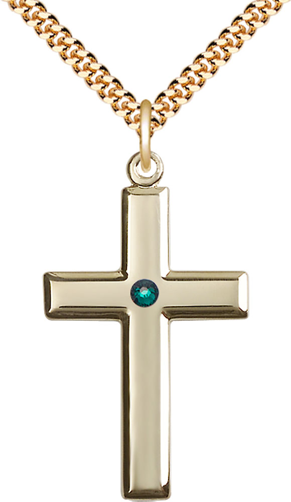 14kt Gold Filled Cross Pendant with a 3mm Emerald Swarovski stone on a 24 inch Gold Plate Heavy Curb chain