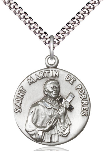 Sterling Silver Saint Martin de Porres Pendant on a 24 inch Light Rhodium Heavy Curb chain