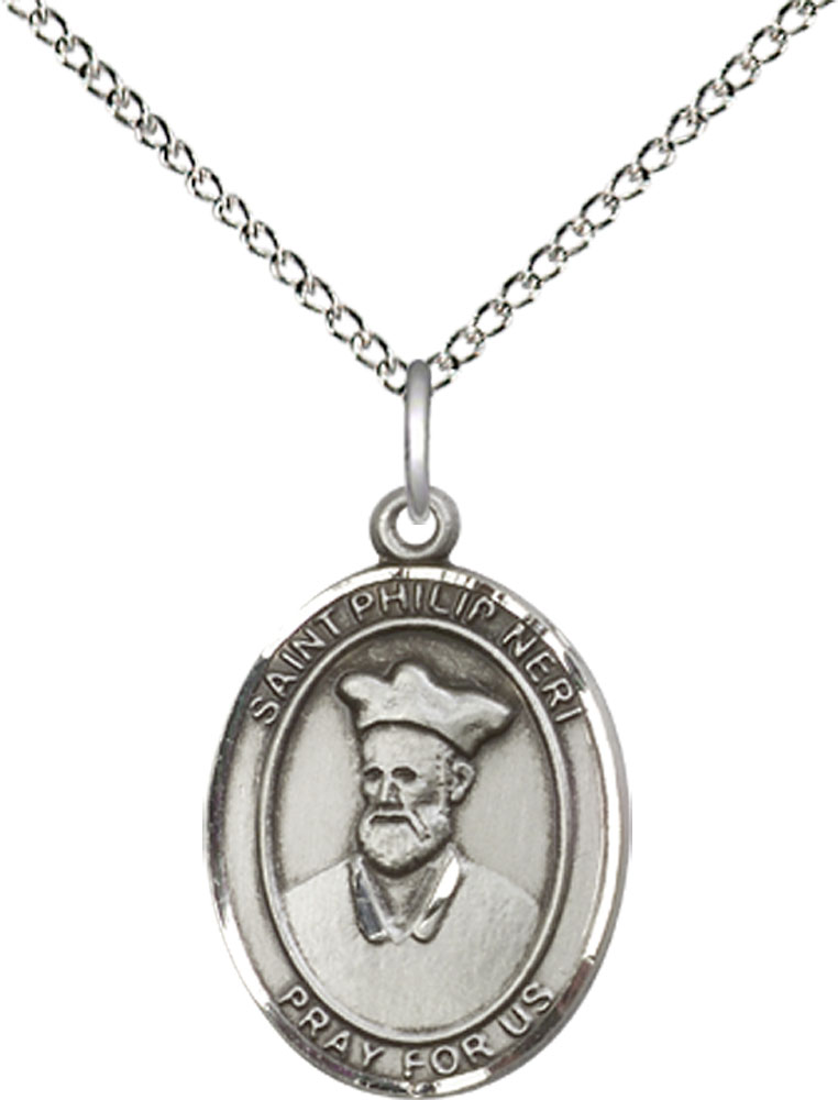Sterling Silver Saint Philip Neri Pendant on a 18 inch Sterling Silver Light Curb chain
