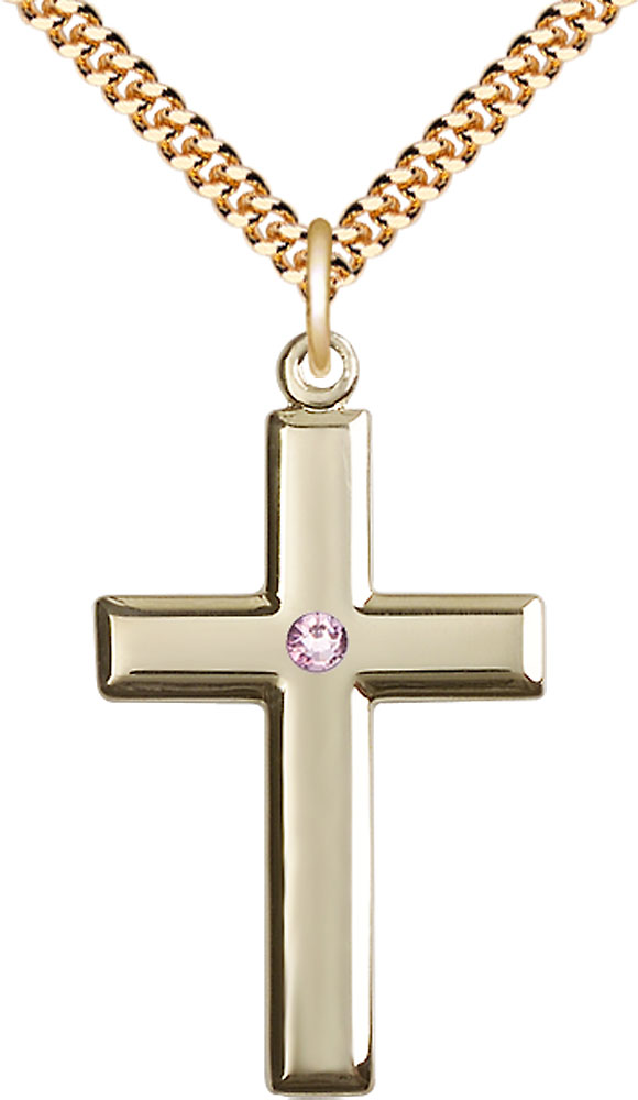 14kt Gold Filled Cross Pendant with a 3mm Light Amethyst Swarovski stone on a 24 inch Gold Plate Heavy Curb chain