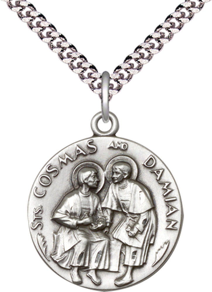 Sterling Silver Saints Cosmas &amp; Damian Pendant on a 24 inch Light Rhodium Heavy Curb chain