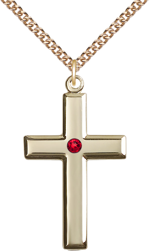 14kt Gold Filled Cross Pendant with a 3mm Ruby Swarovski stone on a 24 inch Gold Filled Heavy Curb chain