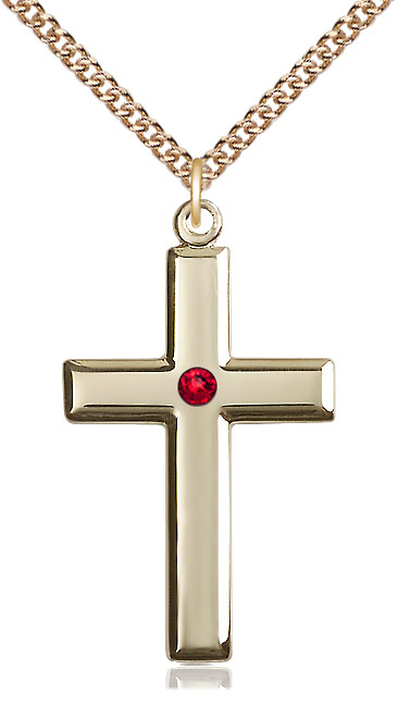 14kt Gold Filled Cross Pendant with a 3mm Ruby Swarovski stone on a 24 inch Gold Filled Heavy Curb chain