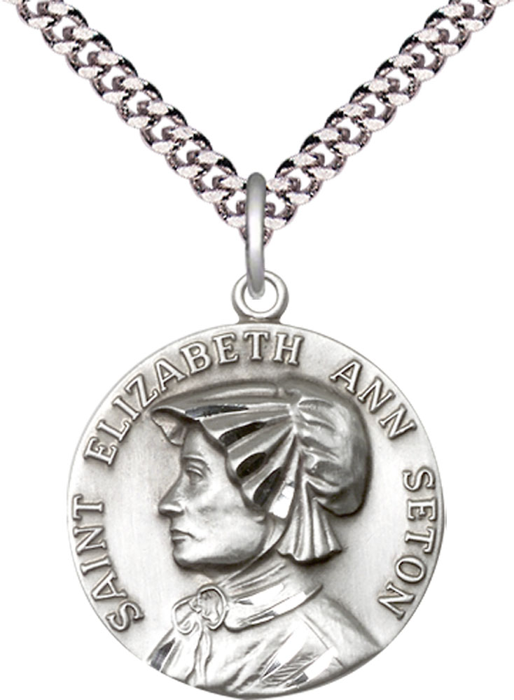 Sterling Silver Saint Elizabeth Ann Seton Pendant on a 24 inch Light Rhodium Heavy Curb chain