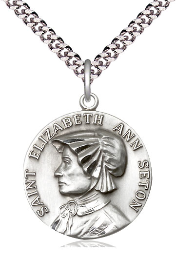 Sterling Silver Saint Elizabeth Ann Seton Pendant on a 24 inch Light Rhodium Heavy Curb chain