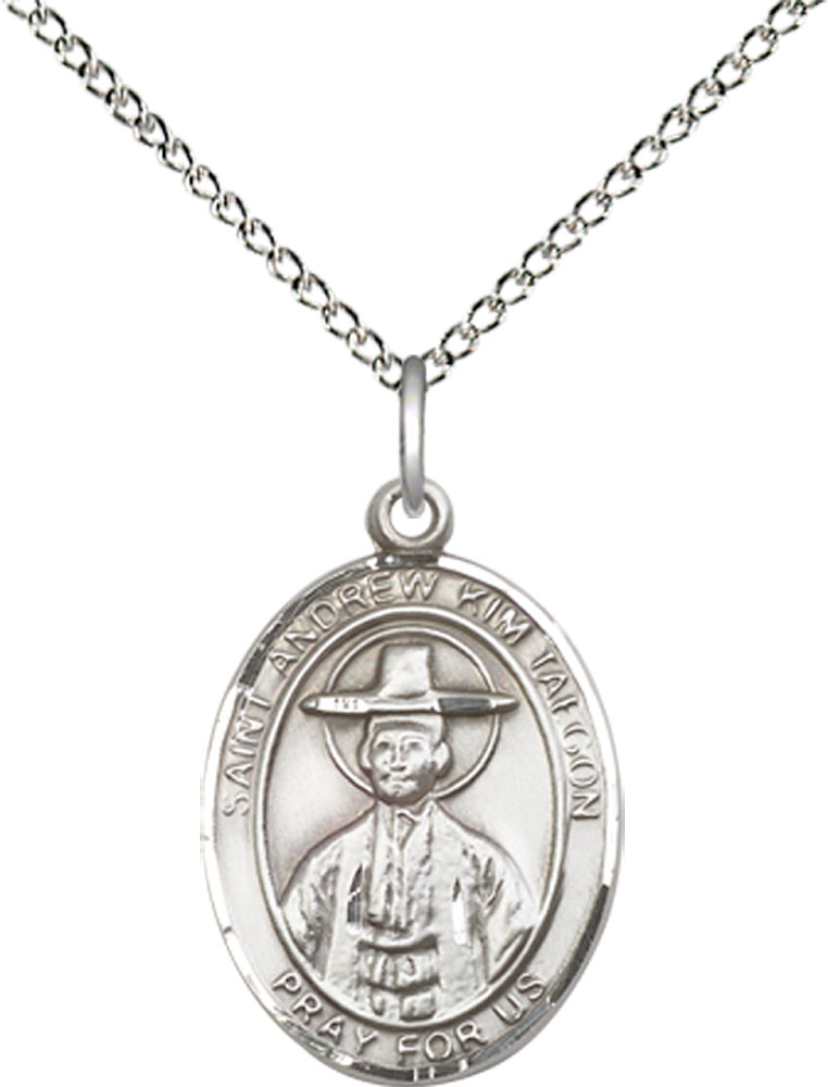 Sterling Silver Saint Andrew Kim Taegon Pendant on a 18 inch Sterling Silver Light Curb chain