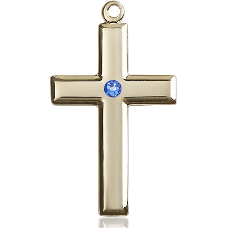 14kt Gold Filled Cross Medal with a 3mm Sapphire Swarovski stone