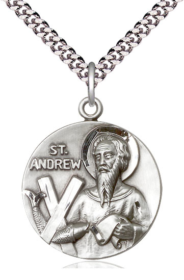 Sterling Silver Saint Andrew Pendant on a 24 inch Light Rhodium Heavy Curb chain