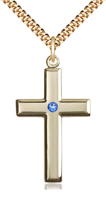 14kt Gold Filled Cross Pendant with a 3mm Sapphire Swarovski stone on a 24 inch Gold Plate Heavy Curb chain