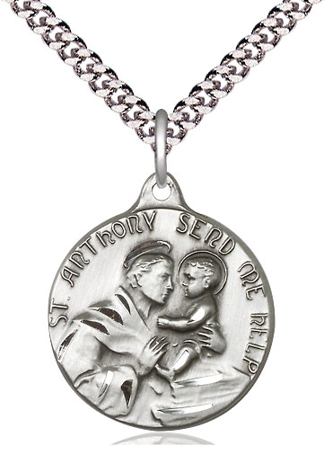 Sterling Silver Saint Anthony Pendant on a 24 inch Light Rhodium Heavy Curb chain