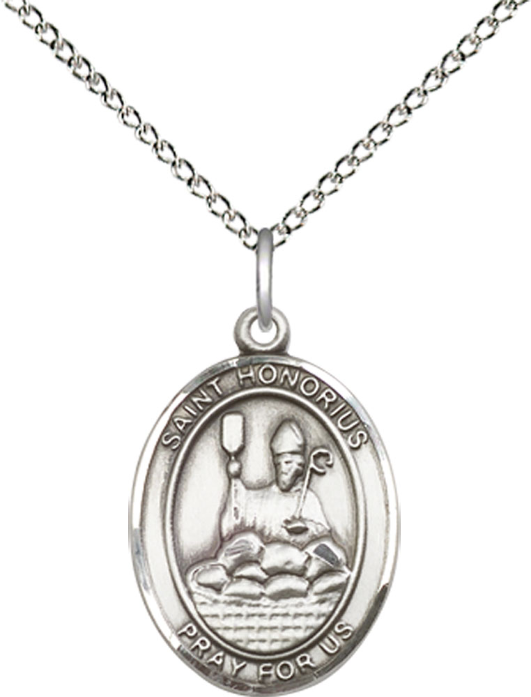 Sterling Silver Saint Honorius Pendant on a 18 inch Sterling Silver Light Curb chain