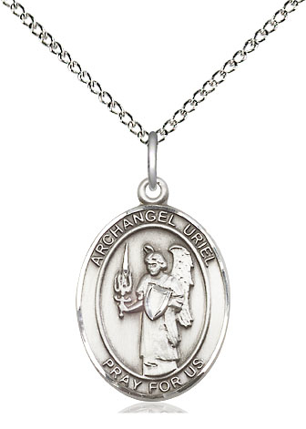Sterling Silver Saint Uriel the Archangel Pendant on a 18 inch Sterling Silver Light Curb chain