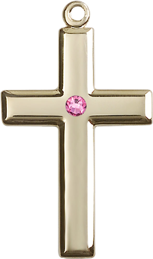 14kt Gold Cross Medal with a 3mm Rose Swarovski stone