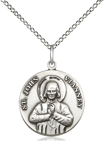 Sterling Silver Saint John Vianney Pendant on a 18 inch Sterling Silver Light Curb chain