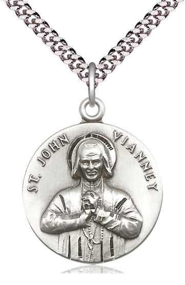 Sterling Silver Saint John Vianney Pendant on a 24 inch Light Rhodium Heavy Curb chain