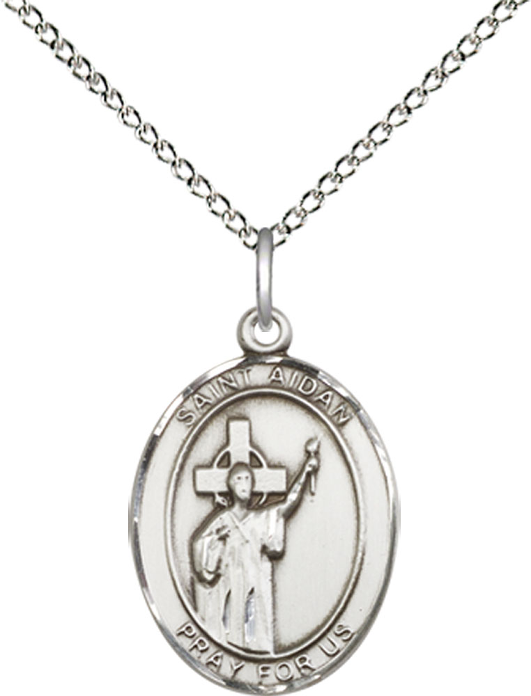 Sterling Silver Saint Aidan of Lindesfarne Pendant on a 18 inch Sterling Silver Light Curb chain