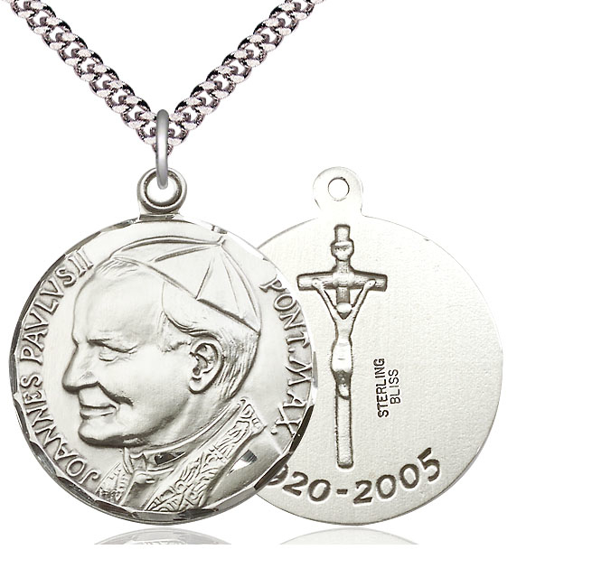 Sterling Silver Saint John Paul II Pendant on a 24 inch Light Rhodium Heavy Curb chain