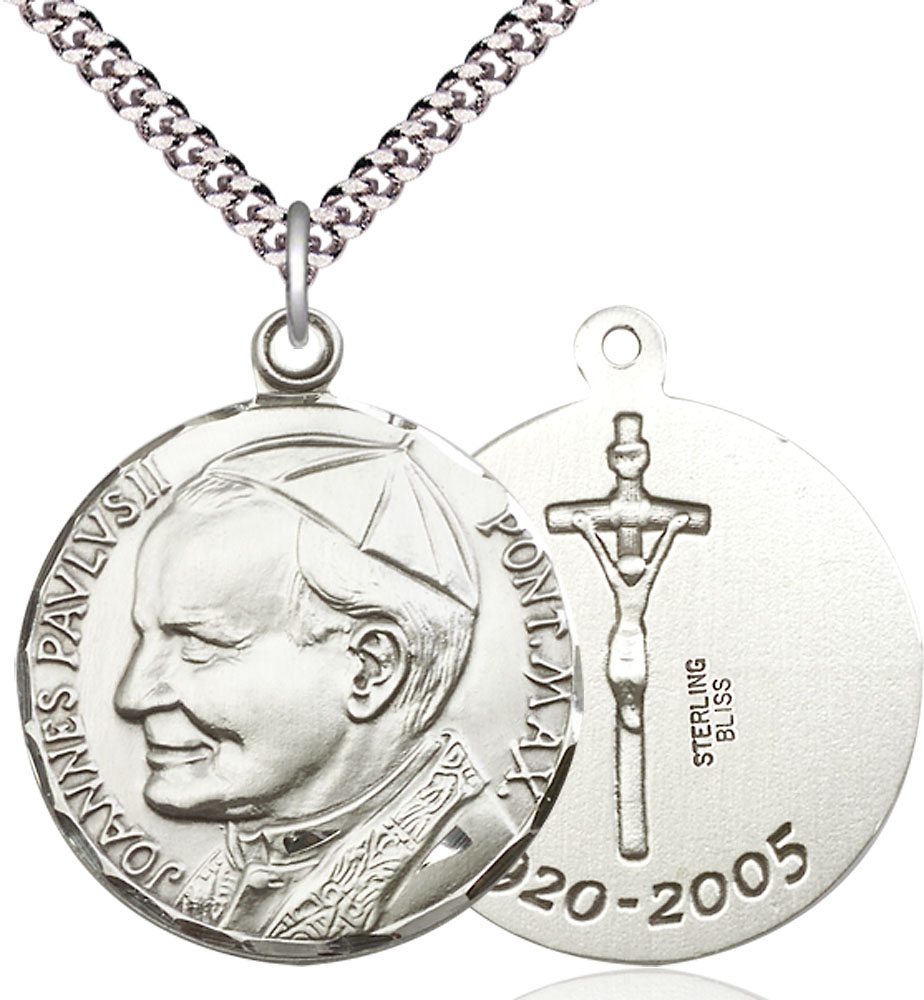 Sterling Silver Saint John Paul II Pendant on a 24 inch Light Rhodium Heavy Curb chain