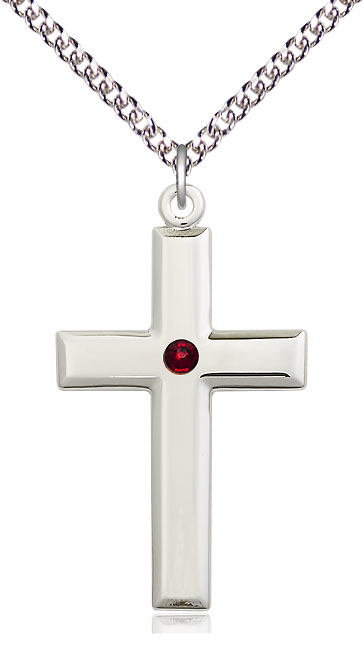 Sterling Silver Cross Pendant with a 3mm Garnet Swarovski stone on a 24 inch Sterling Silver Heavy Curb chain