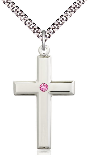 Sterling Silver Cross Pendant with a 3mm Rose Swarovski stone on a 24 inch Light Rhodium Heavy Curb chain